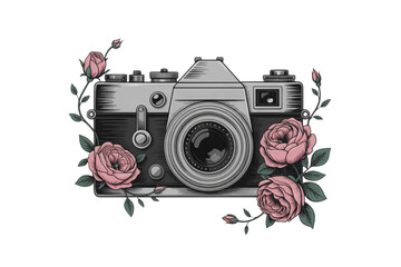 Floral Camera SVG, photography svg, camera with flowers svg – Hand-Drawn Vintage Camera with Botanical Flowers, Elegant Vector Clipart for Memory Keeping, Scrapbooking, Wedding Design
