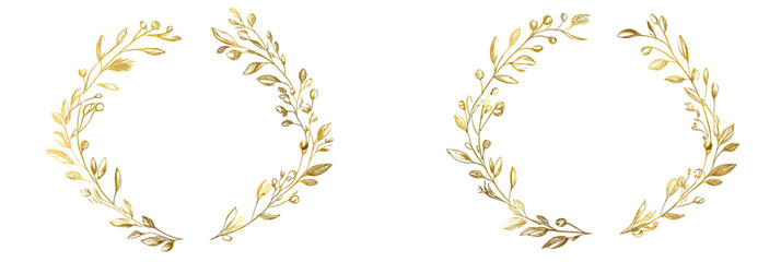 Two elegant gold floral leaf wreath frames with delicate hand drawn minimalist round borders for wedding and design decoration