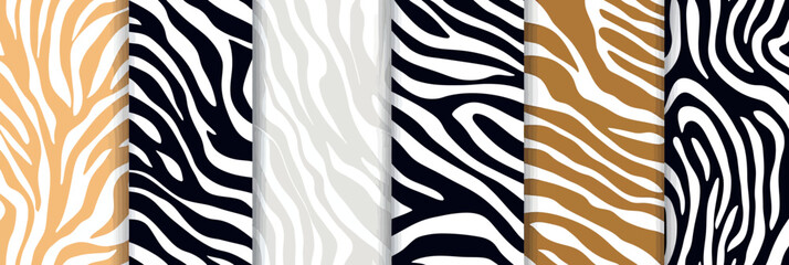 Set of seamless zebra stripe patterns in black white beige and brown tones with abstract diagonal organic lines for modern minimalist textile and graphic design backgrounds