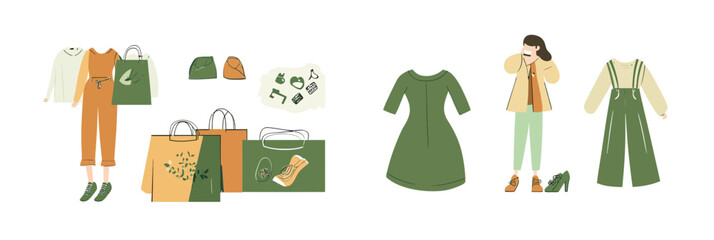 Flat minimalist vector illustration of sustainable fashion concept with eco friendly clothing, reusable bags, second hand shoes, and conscious shopper