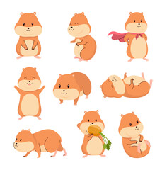 Cartoon hamsters set. Fluffy domestic pets playing and eating, sleeping and running. Funny rodent in different situations. Happy home rodent animal. Vector illustration isolated on white background