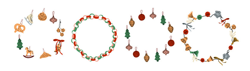 Christmas decoration border set with tree baubles in vintage doodle style for poster placards and invitations. Christmas and New Year design holiday frame illustration set skates, horse, bell, sweets