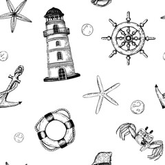 Seamless pattern with elements such as ship wheel, crab, starfish, anchor, lifebuoy. The detailed hand drawn black and white vector illustrations evoke a coastal charm perfect for fabric wallpaper.
