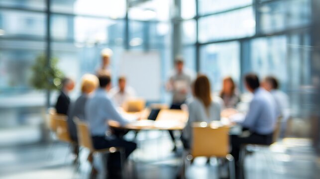 Abstract image showing blurred business team in a modern office meeting, collaborative environment and brainstorming session in corporate space.
