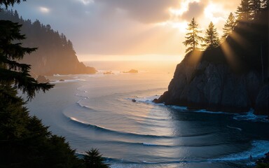 Stunning view of Pacific Rim, rugged west coast of Vancouver Island near Ucluelet during an evening golden light with its cliffs with trees. British Columbia, Canada. High quality