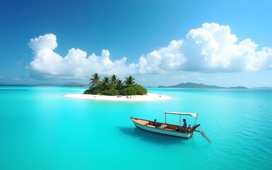 Boat in turquoise ocean water against blue sky with white clouds and tropical island. Natural landscape for summer vacation, panoramic view. High quality