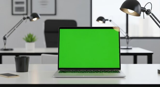 Close up modern laptop with green screen chroma key display on empty office table. Personal computer for digital work.