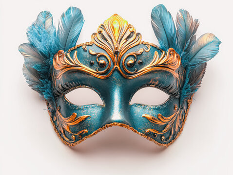 Blue mask with gold trim and feathers. The mask is ornate and has a gold trim - Powered by Adobe