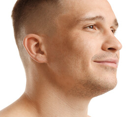 Handsome man on white background, closeup view