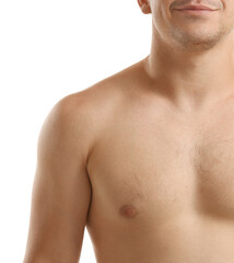 Man standing on white background, closeup view