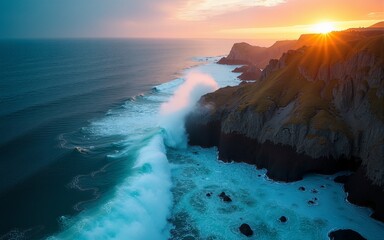 Spectacular drone photo, top view of seascape ocean wave crashing rocky cliff with sunset at the horizon as background. Beautiful coastal scenic landscape with turquoise water beating rocky boulder.