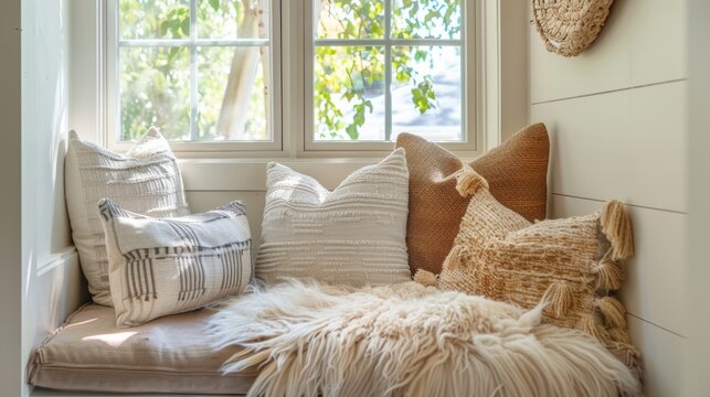 A tranquil window seat haven filled with natural light and adorned with cozy cushions and a soft sheepskin rug for added comfort.