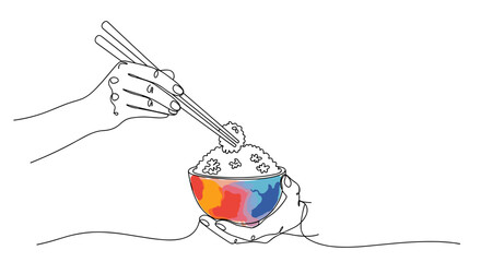 Minimalist one-line doodle of eating rice with chopsticks with watercolor texture, vector illustration on white background

