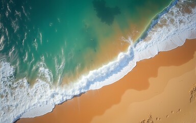 Top-down view of ocean waves crashing against the golden sandy shore, capturing the natural beauty and contrast of the beach and sea. Landscapes. High quality