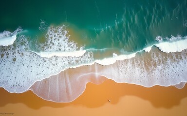 Top-down view of ocean waves crashing against the golden sandy shore, capturing the natural beauty and contrast of the beach and sea. Landscapes. High quality