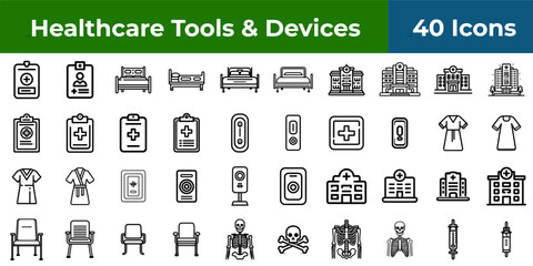 A collection of healthcare icons featuring beds hospitals clipboards and medical related equipment items shown