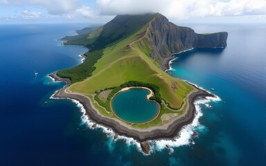 Aerial view of Ilheu de Vila Franca, a volcanic island near the Azores with a natural pool, ideal for swimming, snorkeling, and eco-tourism in a pristine coastal setting. High quality