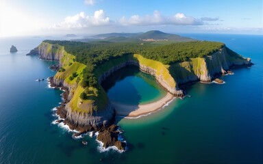 Aerial view of Ilheu de Vila Franca, a volcanic island near the Azores with a natural pool, ideal for swimming, snorkeling, and eco-tourism in a pristine coastal setting. High quality
