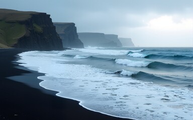 Atlantic ocean waves on the shoreline near the Vattarnes Sea cliffs in East Iceland during daytime. High quality