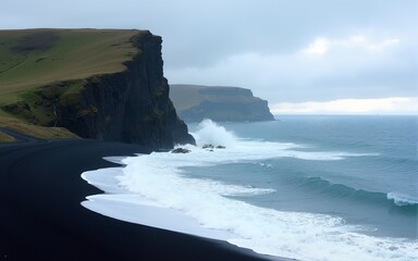 Atlantic ocean waves on the shoreline near the Vattarnes Sea cliffs in East Iceland during daytime. High quality