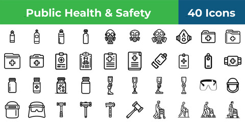A collection of public health and safety icons including medical equipment and safety gear displayed