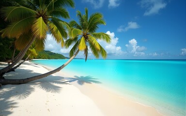 Caribbean beach paradise with palm trees over crystal clear turquoise water. Sandy tropical shore, natural summer landscape. Beach vacation scenic view for travel and tourism. High quality