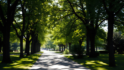 Fototapeta premium Peaceful sunny park pathway with dappled light filtering through trees.