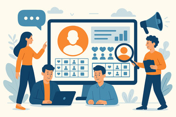 CRM customer relationship management software. Marketing communication strategy. Client analysis, social listening, interaction concept. Business people working on data dashboard.