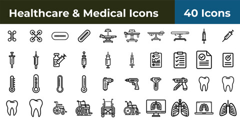 A collection of healthcare and medical icons featuring various medical equipment and diagnostics tools shown