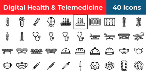 A collection of forty black and white medical icons representing digital health and telemedicine themes