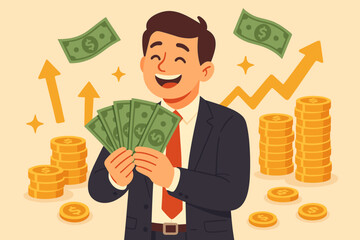 Happy businessman millionaire makes a profit from investment, savings, or salary increase. Earning money, getting rich, and building wealth concept. Financial success vector.
