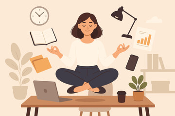 Woman meditating at office desk. Work-life balance concept. Yoga for stress relief, calm, focus, mindfulness. Mental health, peace, harmony, and productivity vector.