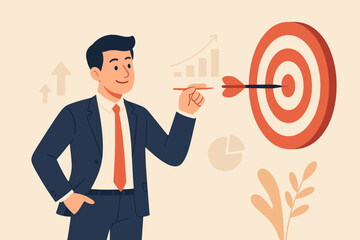 Confident businessman hitting the bullseye. Concept of business success, easily achieving goals, marketing strategy, aiming for perfection, and reaching objectives.