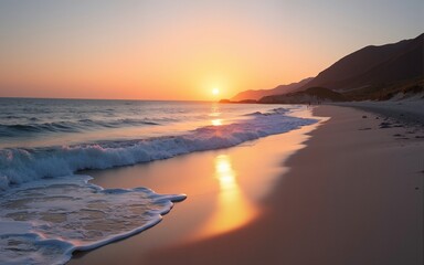 Calm ocean waves gently lap against a sandy beach during sunset. High quality