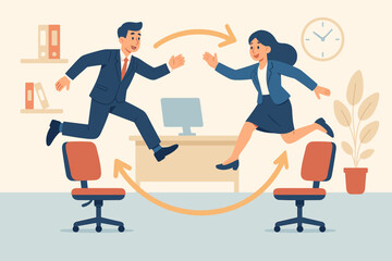Job rotation and employee position switch concept. Businessman and businesswoman jumping between office chairs. Career development, workplace skills, new responsibility, teamwork.
