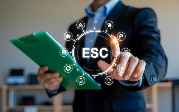 Businessman touches esc button on digital interface with icons representing business services