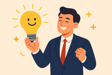 Positive thinking and optimistic mindset for success at work. Happy businessman holding a smiling lightbulb. Good attitude, getting new ideas, and solving problems concept.