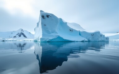 Impressive iceberg with blue ice and beautiful reflection on water in Antarctica, scenic landscape in Antarctic Peninsula. High quality