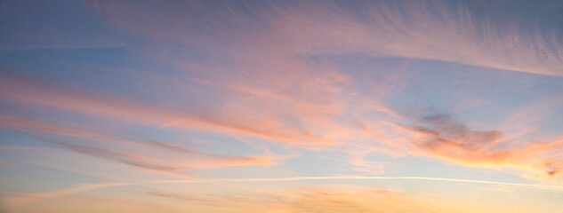 feathery light pink clouds and orange shine, sky background at sunset