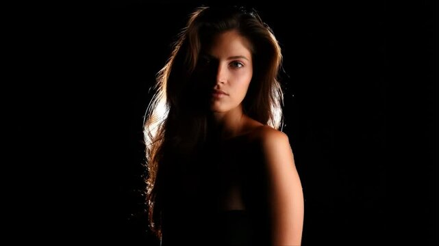 A brunette woman flips her hair and looks into the camera with confidence as bright light outlines her silhouette against a pure black background