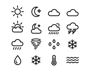 Obraz premium Minimalist Weather Icon Set – Clean Line Art Symbols of Sun, Rain, and Storm
