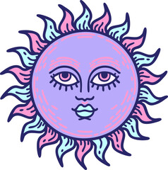 iconic tattoo style image of a sun with face in bright neon color