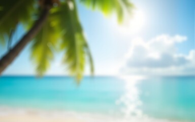 Obraz premium Abstract seascape with palm tree, tropical beach background. blur bokeh light of calm sea and sky. summer vacation background concept. High quality