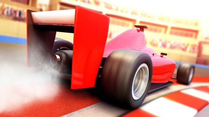 A vibrant red formula race car speeds around a tight turn on the track, kicking up smoke with its powerful engine, in this exciting motorsport scene today.