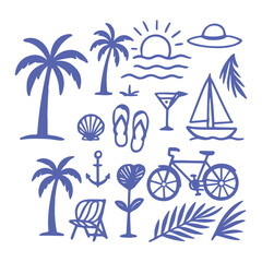 Beach Vacation Icon Set – Blue Vector Illustrations of Palm Trees, Sun, Sailboat, Flip-Flops, Cocktail, Bicycle, and Tropical Elements for Summer and Travel Themes