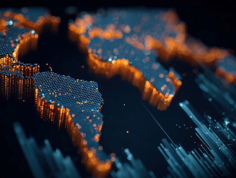 Digital world map with glowing data points, representing global connectivity through technology Emphasis on bright orange and yellow highlights Cybernetic aesthetic, muted color palet - AI-Generated