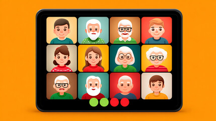 Cartoon family video call on tablet for online meeting and virtual gathering illustration concept hanukkah  tech integration 