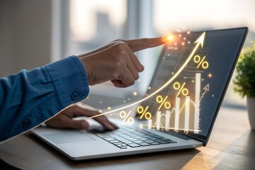Business graph with percentage, special offer of shopping department store discount and tax concept, adjusting interest rates, raising interest rates to fight inflation, returns on investments.