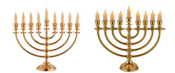  traditional Jewish menorah made of polished brass with an ornate design isolated