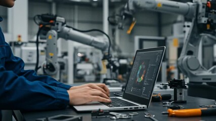 Ai powered robotics automation engineer working on laptop in factory for manufacturing industry - Powered by Adobe